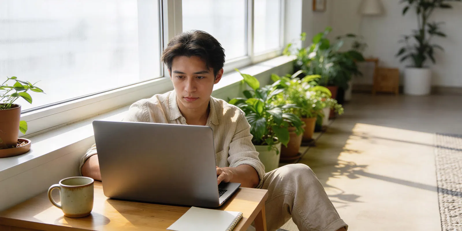 A young man in a linen shirt uses a laptop at a window desk with a mug and plants, a single job that may not need a canvas