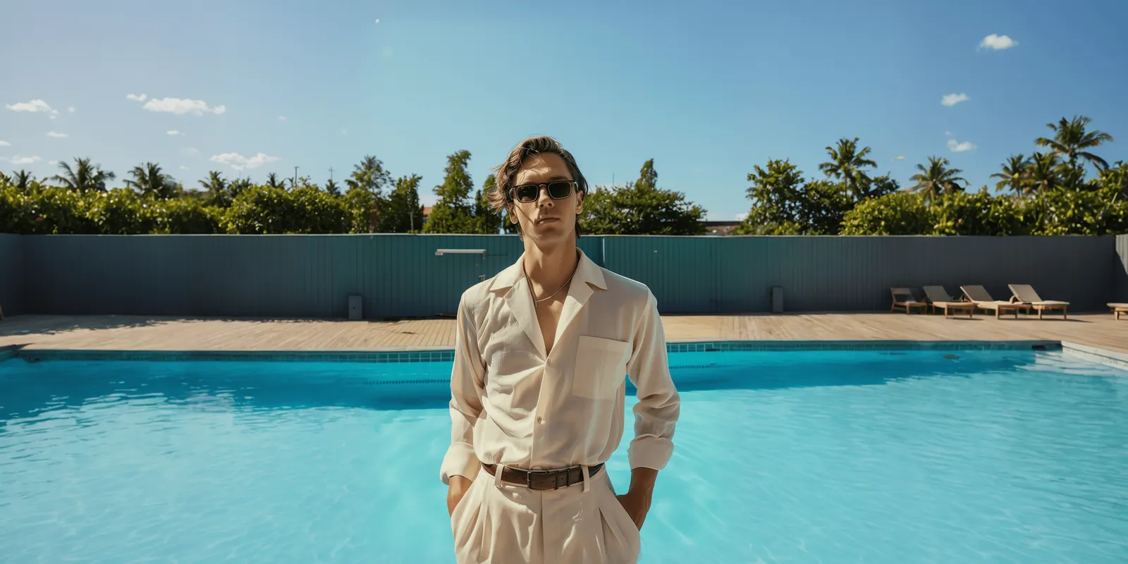 A man in a cream shirt and sunglasses stands by a turquoise pool with palm trees, the kind of place a mood film sells