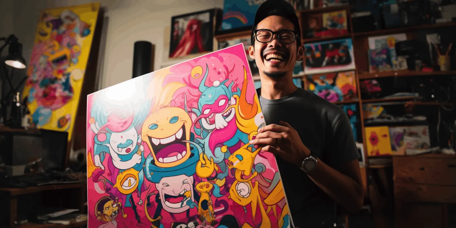 Laughing man in glasses raises a large colorful cartoon painting in his studio, the bold graphic work this kind of image calls for