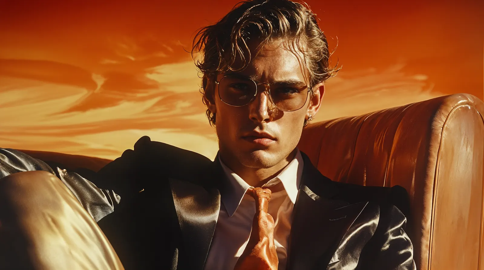 A young man in a satin suit and tinted glasses on a leather sofa under an orange sky, the kind of still a short film opens on