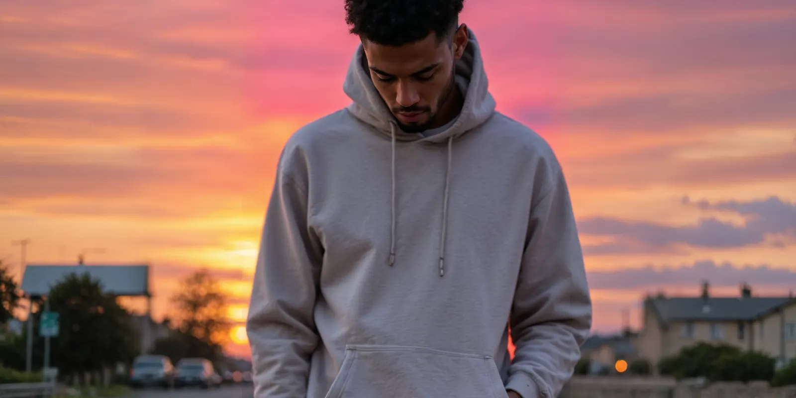 A man in a plain gray hoodie at sunset, a garment whose true color an edit has to keep on every export