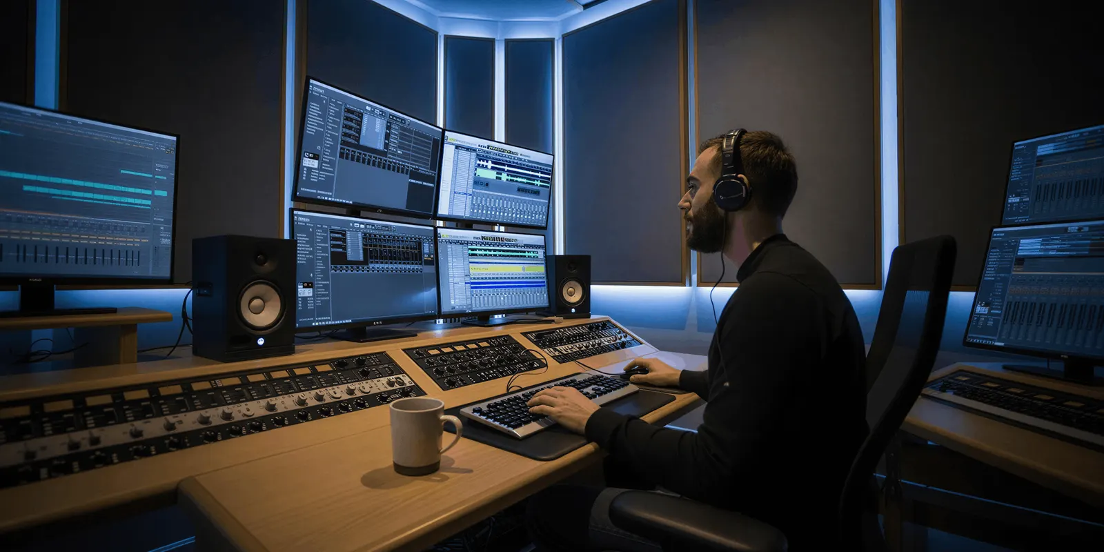 Sound engineer in headphones at a mixing desk with audio editing screens, checking a new voiceover recorded for another market