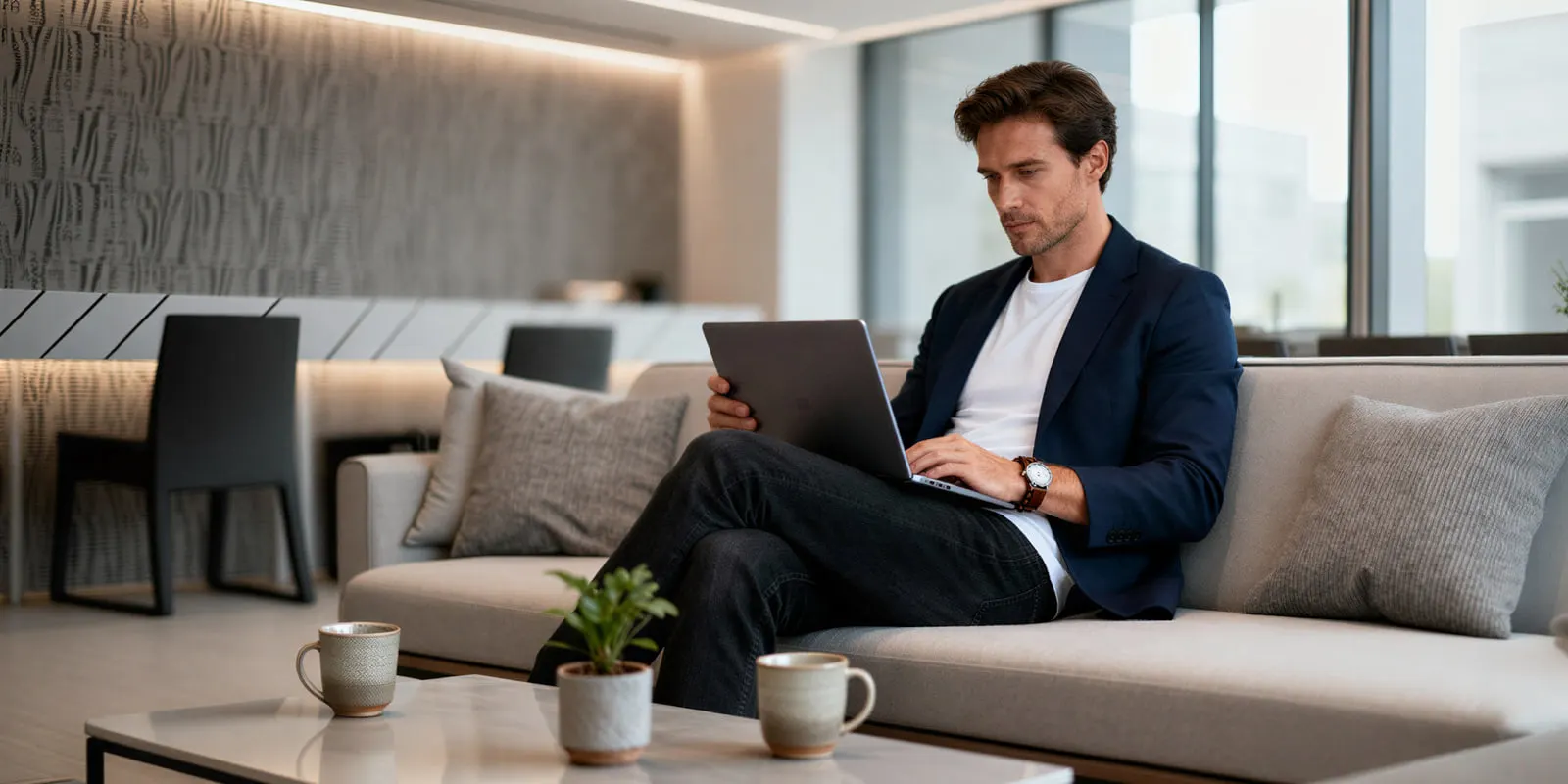 Man in a navy blazer works on a laptop in a bright lounge, planning a chain of steps toward a single result