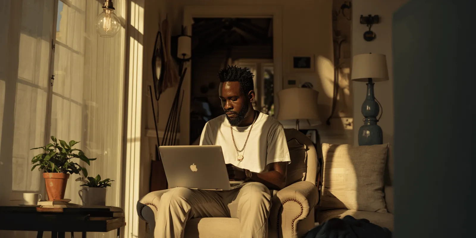 Man in an armchair working on a laptop in warm window light, checking a product feed row by row against its image