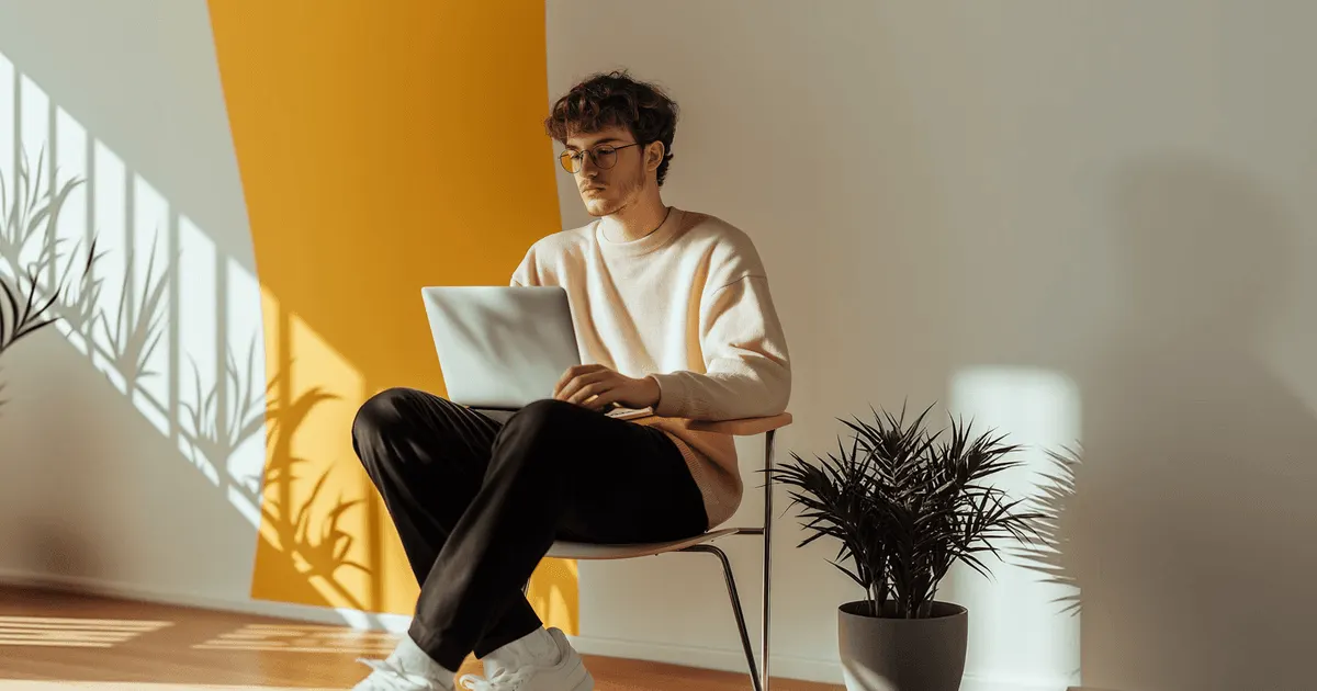Young man in glasses types on a laptop on his knees in a sunlit room, the final checks before product photos are published