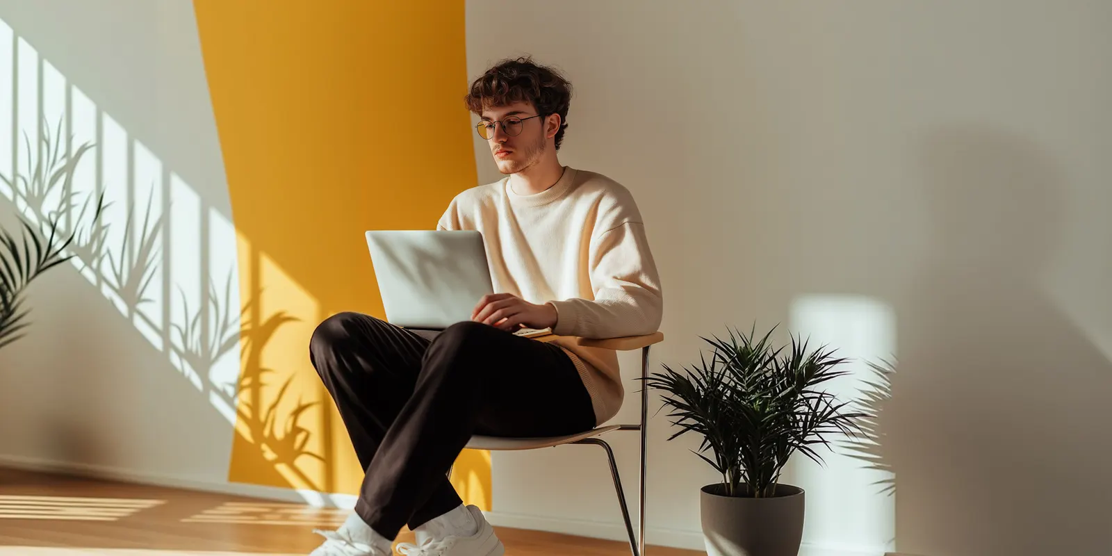 Young man in a cream sweater works on a laptop on his lap, checking that each translated ad still fits its layout