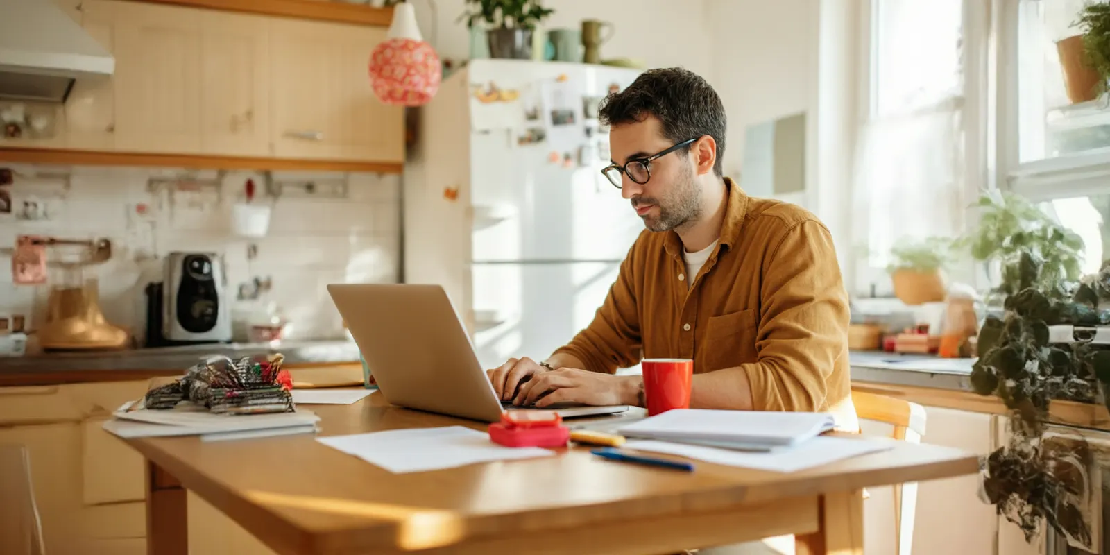 Man in glasses typing on a laptop at a kitchen table with papers and a red mug, the kind of desk where one ad clip gets priced