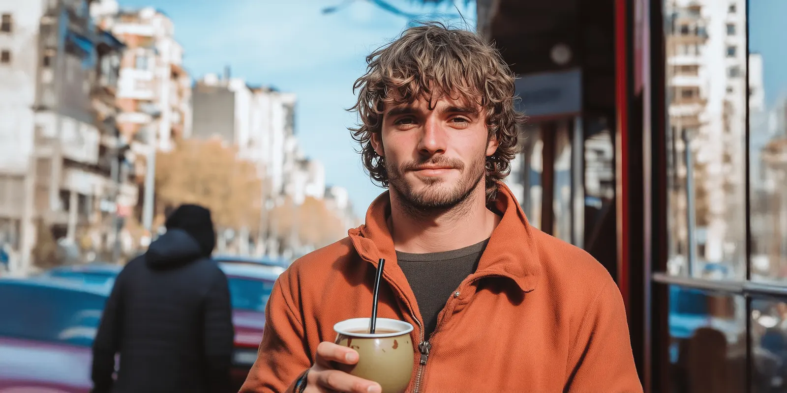 A man in an orange jacket holds a mate cup with a straw on a city street, the everyday drink moment a food ad shows