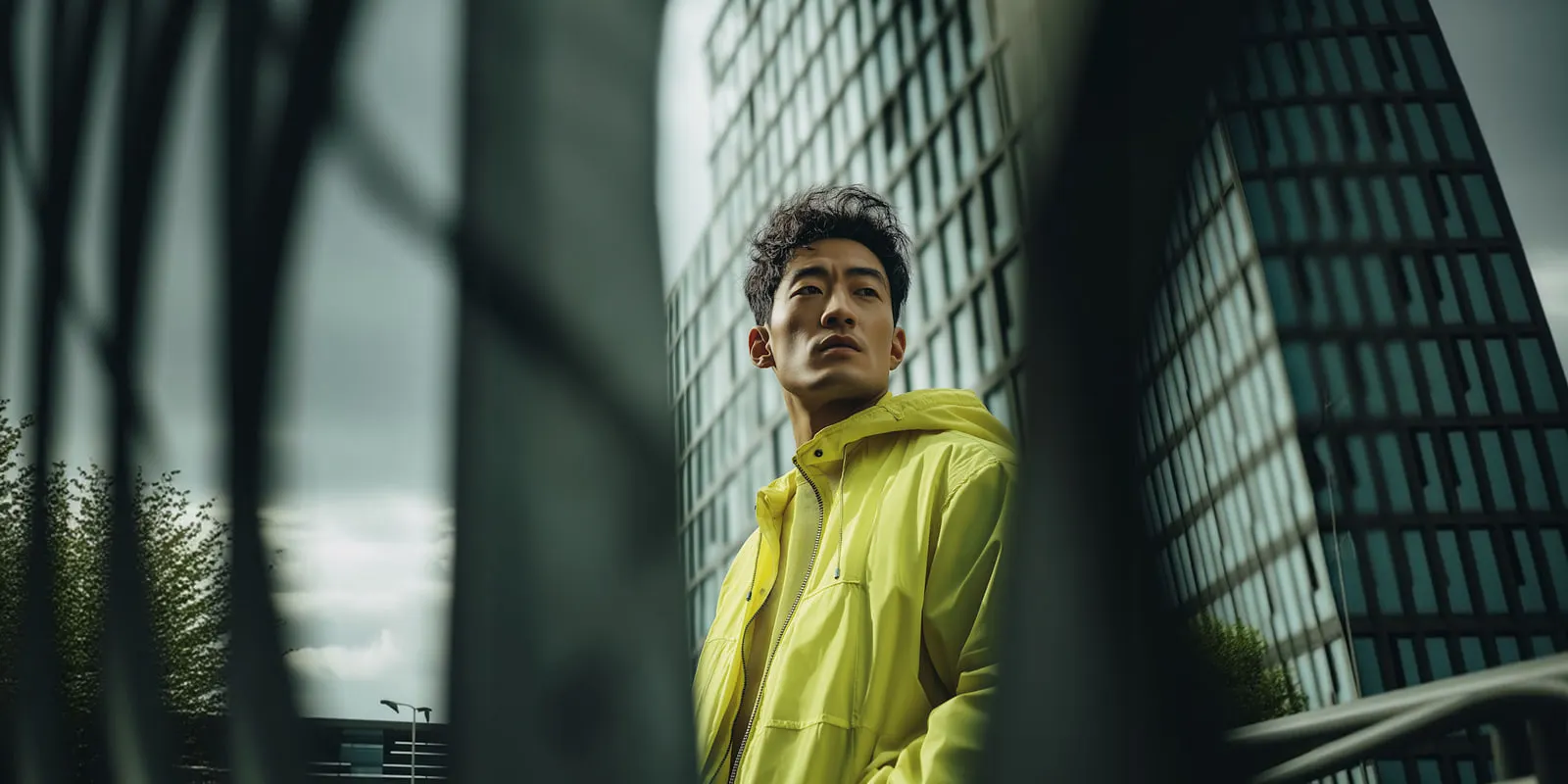 Man in a yellow rain jacket filmed from a low angle in front of a glass office tower, framed through railings