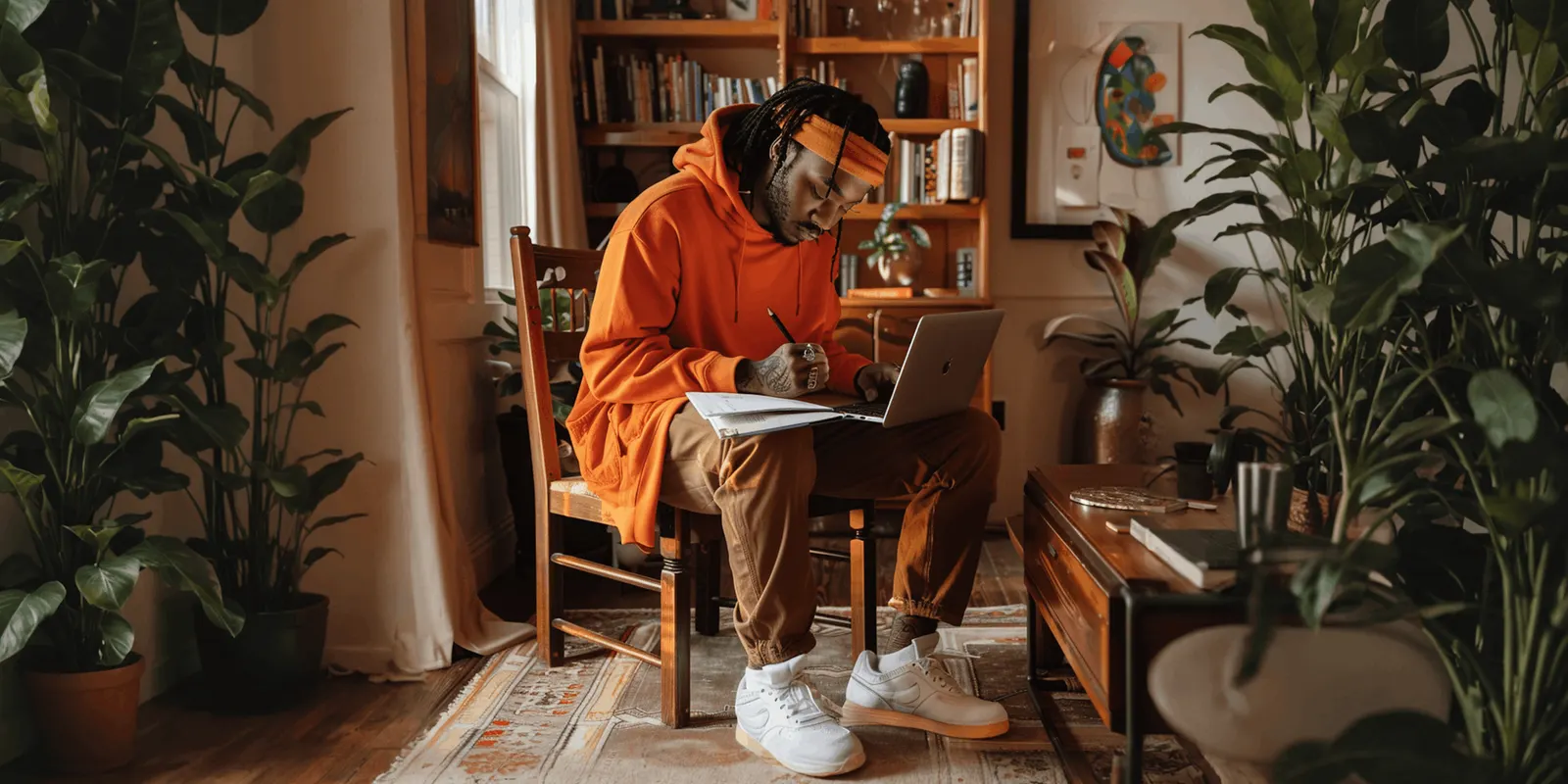 Man in an orange hoodie writing on paper with a laptop on his lap, the script work you sort line by line before any frame runs