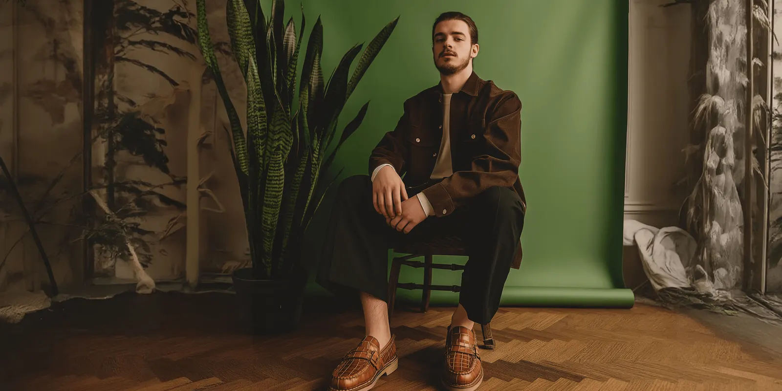 Man seated on a chair in front of a green backdrop beside a tall plant, a set like the ones short fashion and campaign clips start from