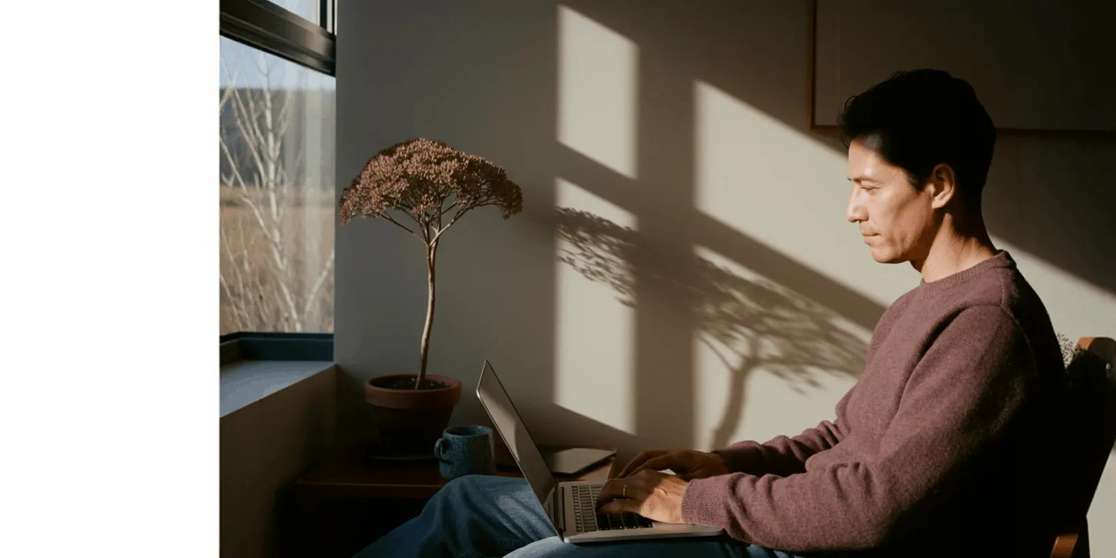 Man in a sweater types on a laptop by a sunlit window, the kind of desk session where a set of product images is uploaded
