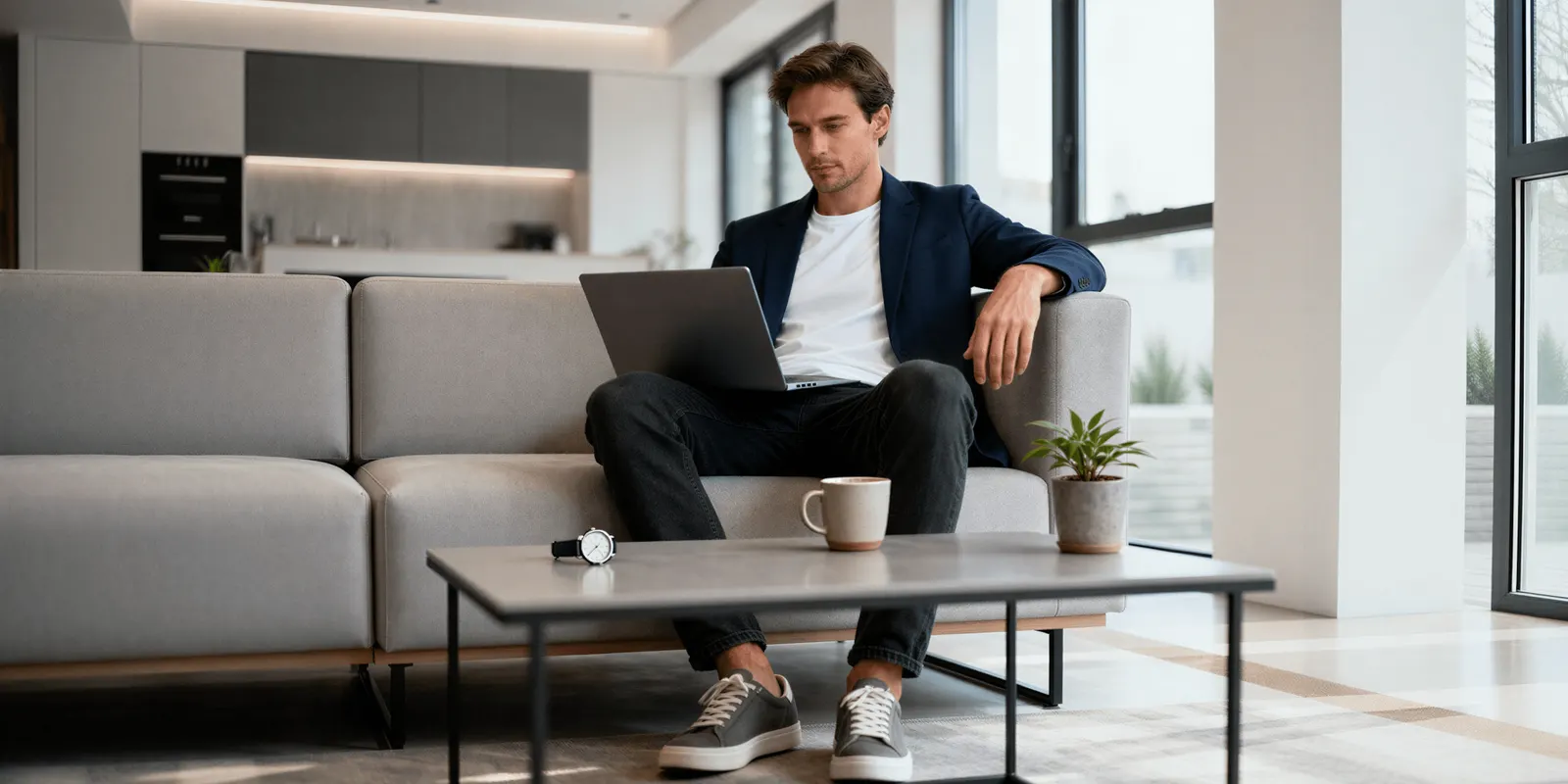 Man in a navy blazer works on a laptop on a gray sofa, pricing each clip before a product video runs
