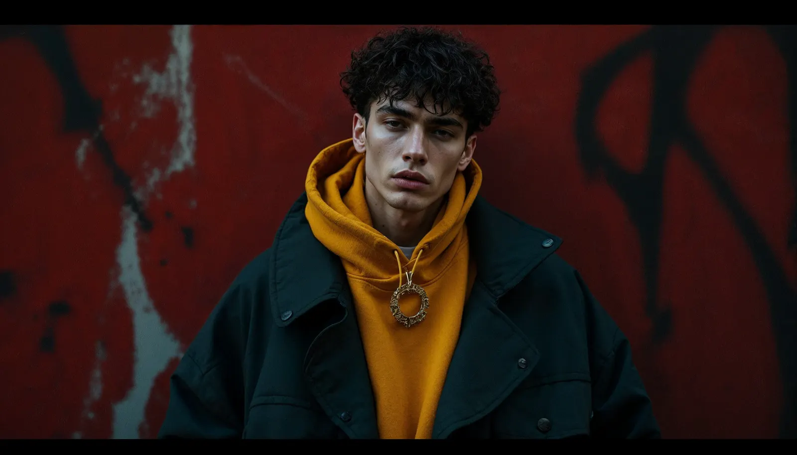 Man in a mustard hoodie and dark coat wearing a round gold pendant against a red wall, the worn shot that shows size and drape