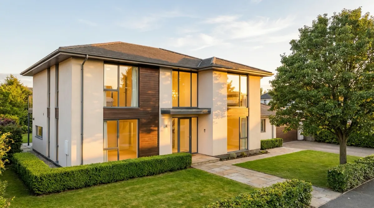 Modern house with white render, timber cladding and large windows in warm evening light, a listing whose photos may need a staging note