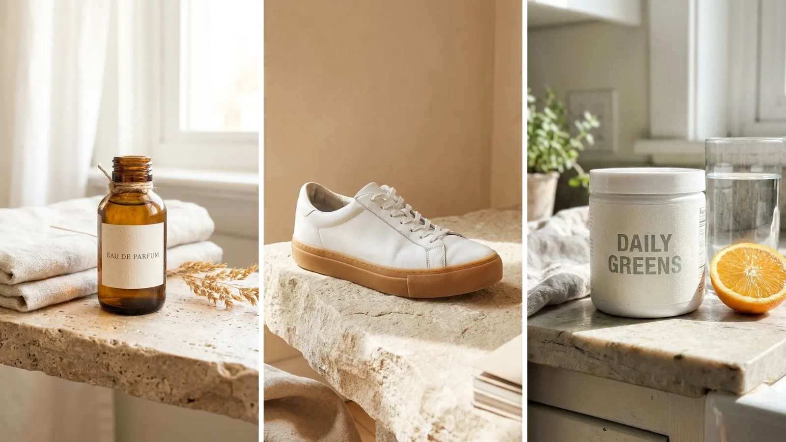 A perfume bottle, a white sneaker and a greens jar with a printed label on stone ledges, the kind of label text to check in every result
