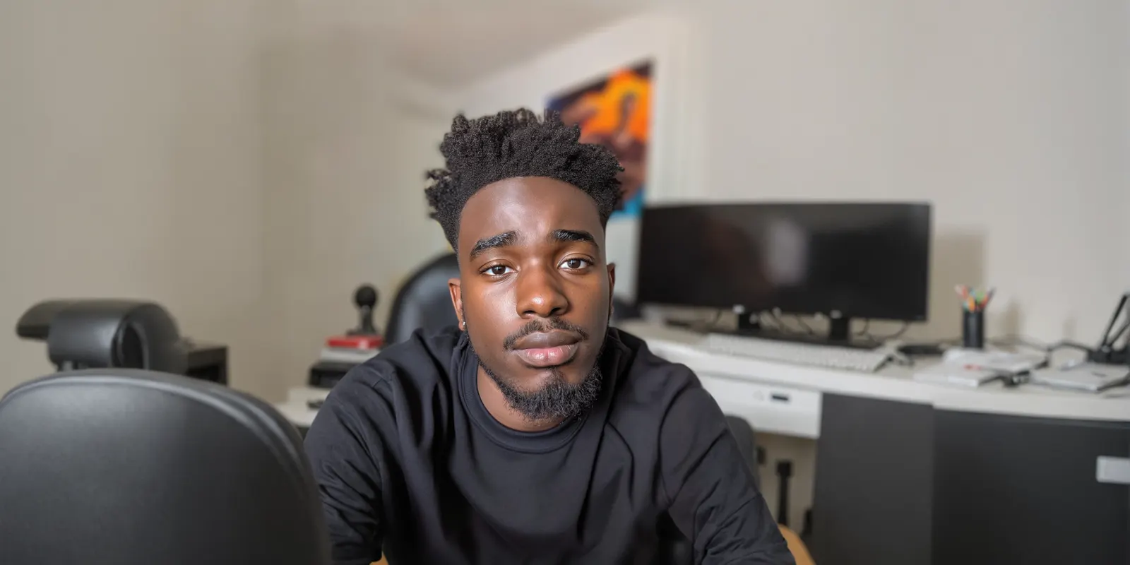 A young man in a black sweatshirt sits at a desk with a monitor in a home office, building a master template with locked elements