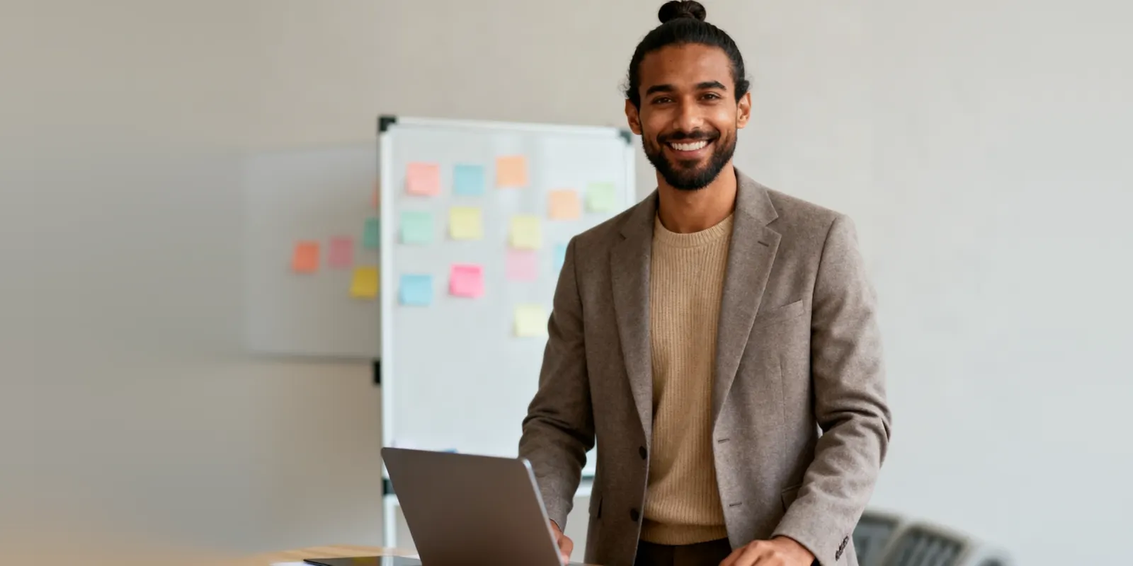 A smiling man in a tweed blazer stands at a laptop before a whiteboard of sticky notes, mapping the rule that sends work down each path