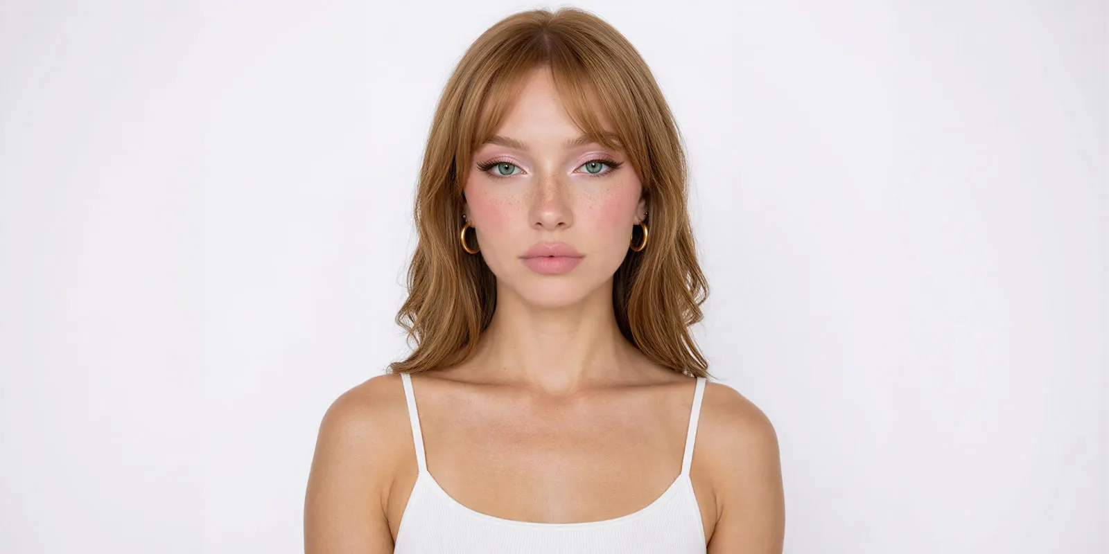Woman in a white camisole against a plain white backdrop, the on-body view an intimates gallery needs first