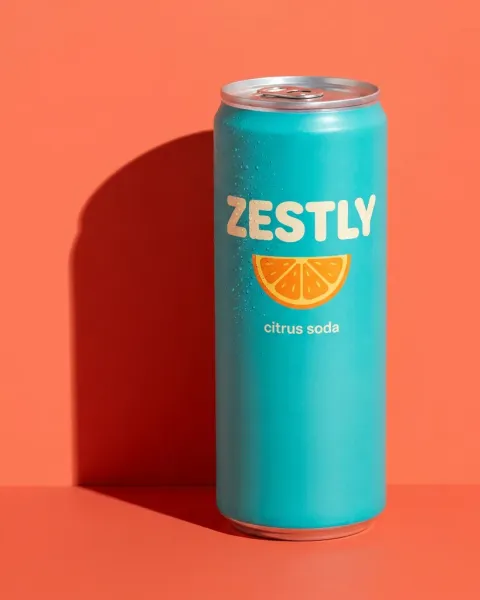 A turquoise drink can on an orange background, made with DesignerBox