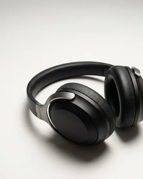 Black headphones on a plain white background, made with DesignerBox