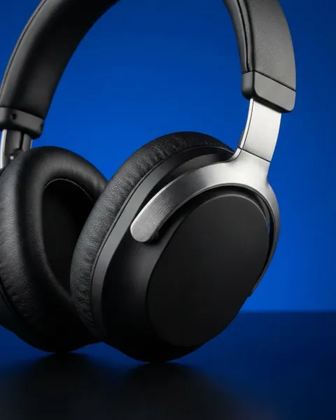 The same headphones on a blue studio background, made with DesignerBox