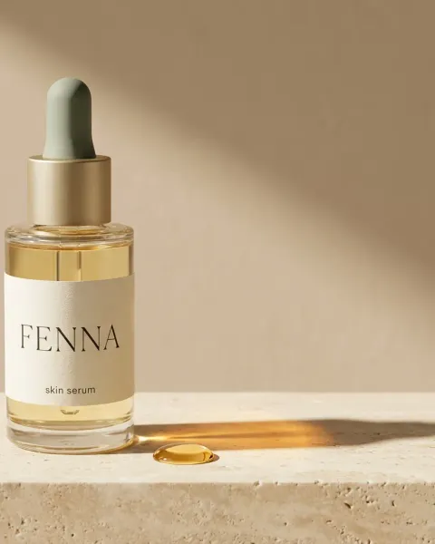 The same serum on a plinth in soft light, made with DesignerBox