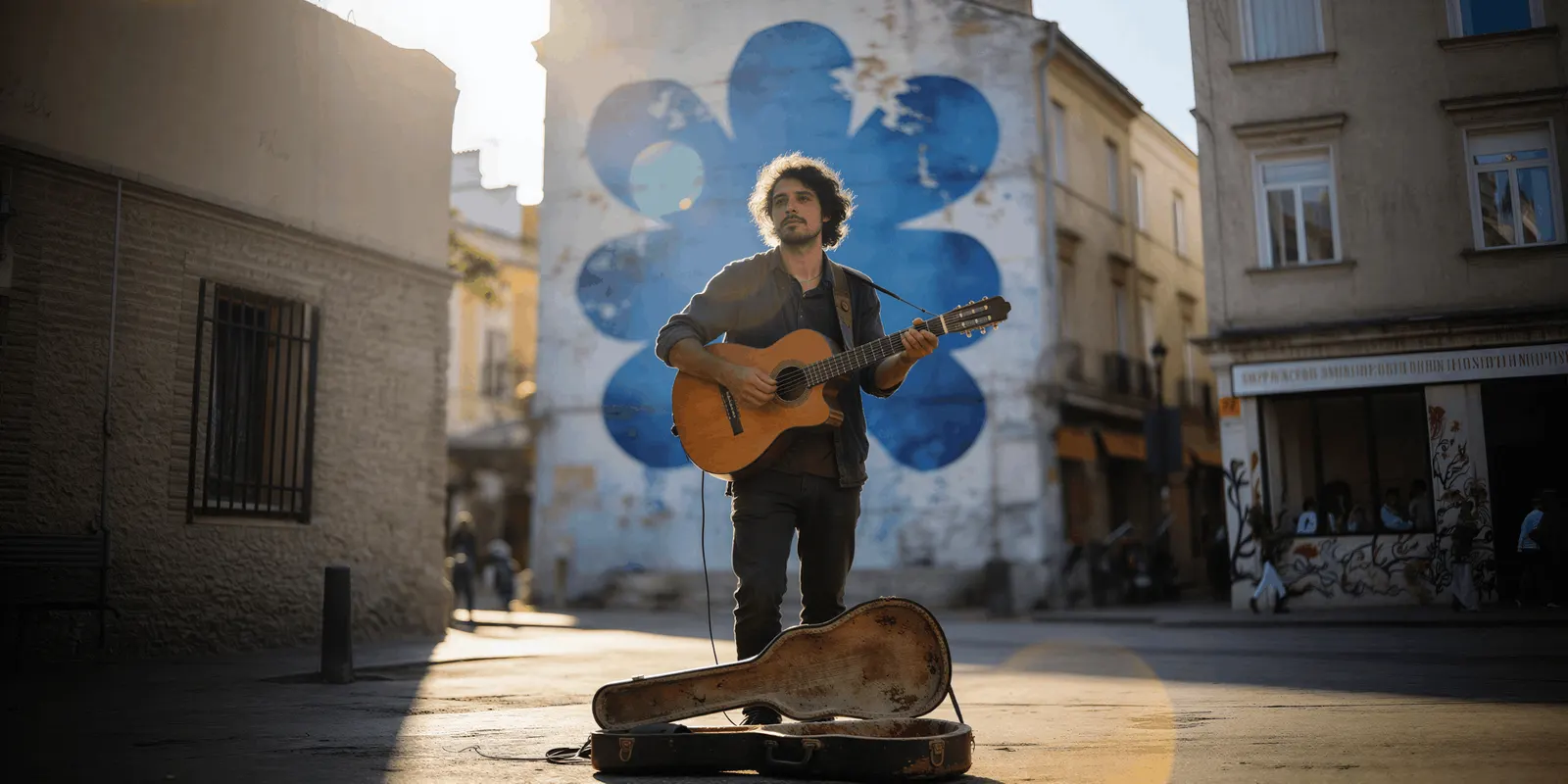 A street musician plays an acoustic guitar by a large blue mural: the music layer of an ad always has an owner and a license