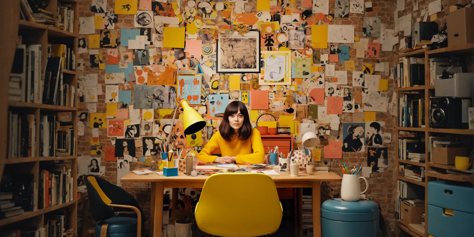 A woman in a yellow sweater sits at a wooden desk before a wall of pinned prints, photo examples a team can match instead of reading
