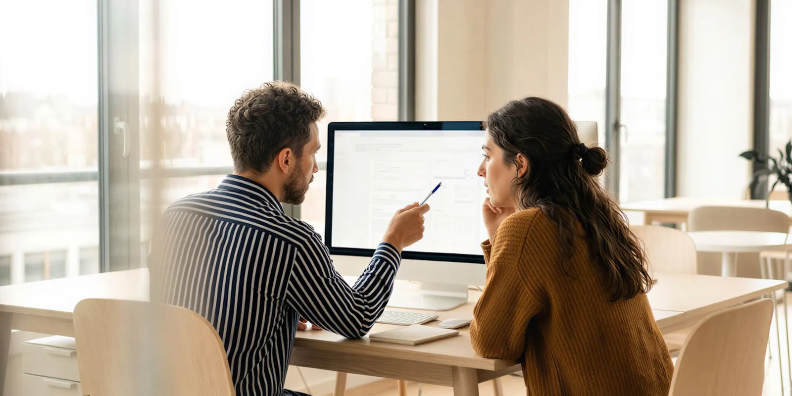 A man and a woman at a window desk discuss a large monitor while he points with a pen, the human approval step every platform keeps