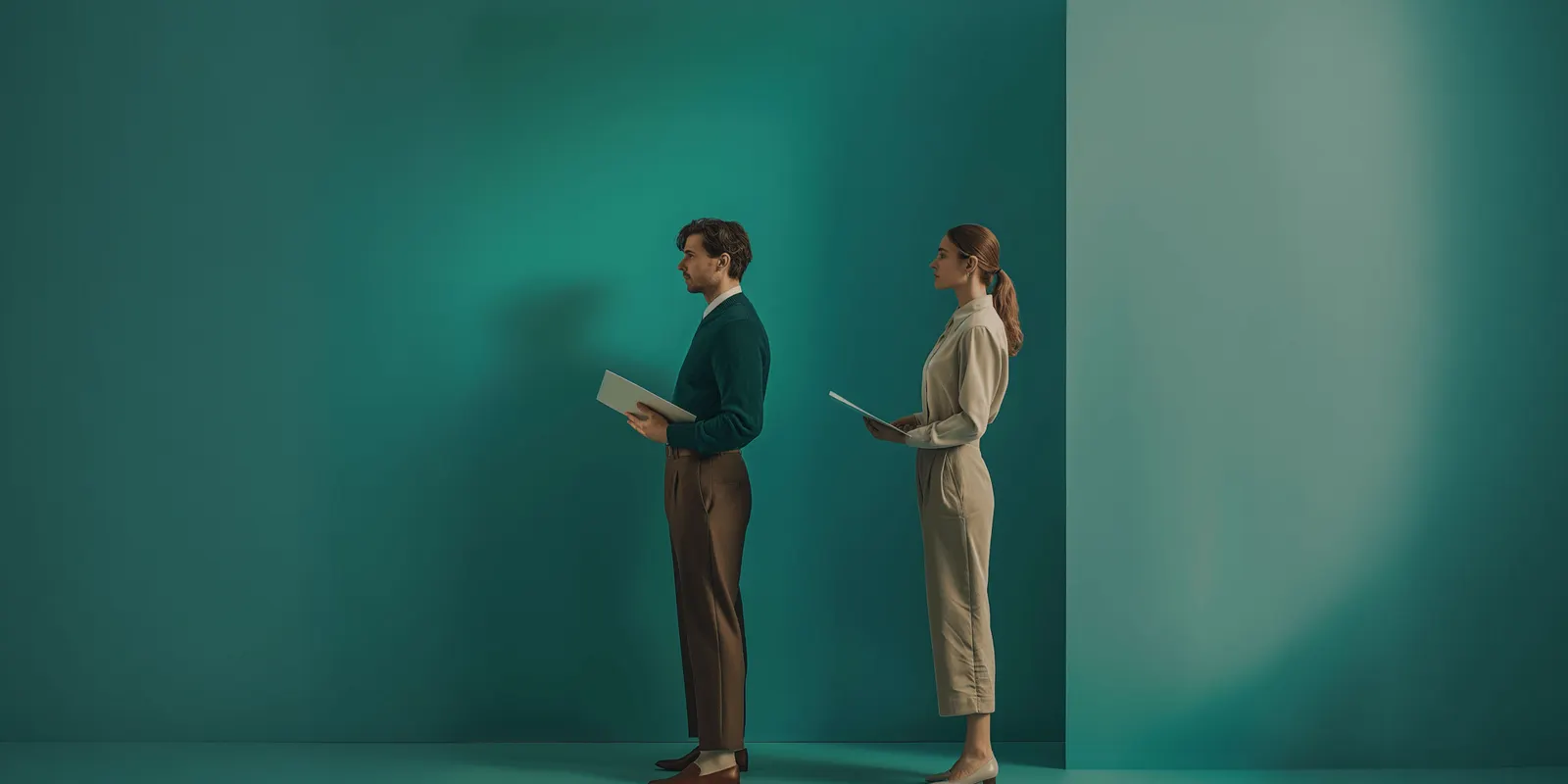 A man and a woman stand in profile against a teal wall, each holding papers, like two members of one buying group