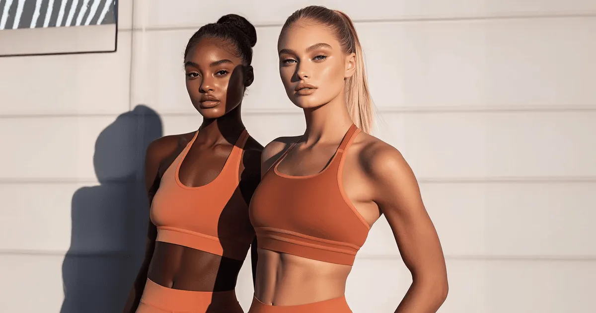 Two women in matching orange sports bras and leggings stand against a white wall, the same garment shown on more than one body