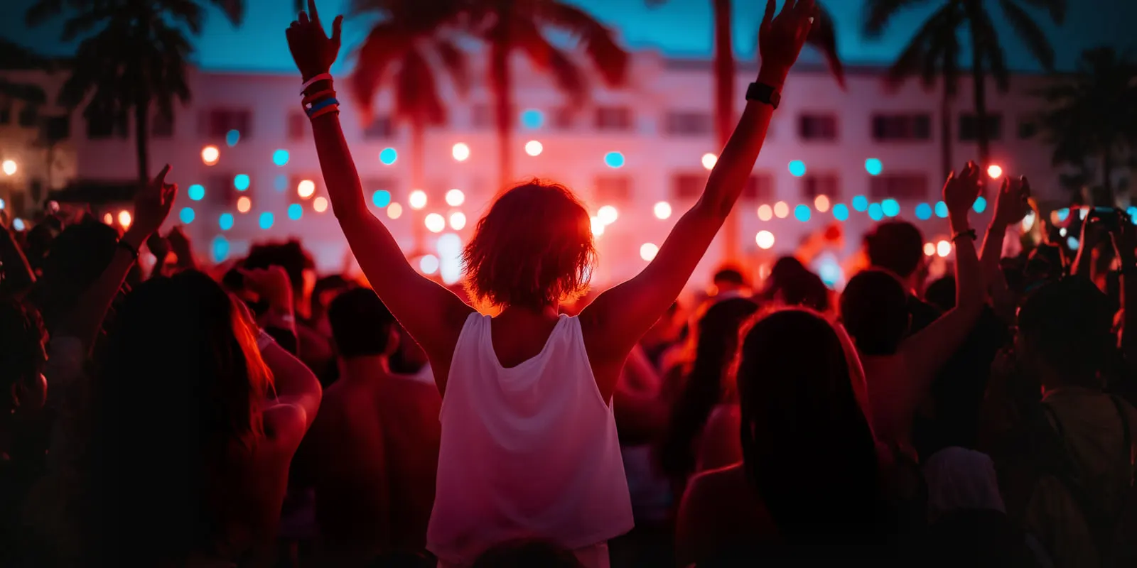 Crowd at an outdoor concert at night with one person raising both arms, a real moment that no generated image can record