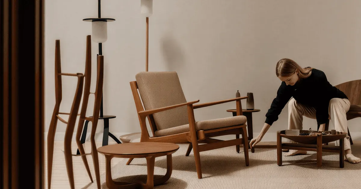A person arranging wooden chairs in a bright showroom, the kind of product a pilot run should test first