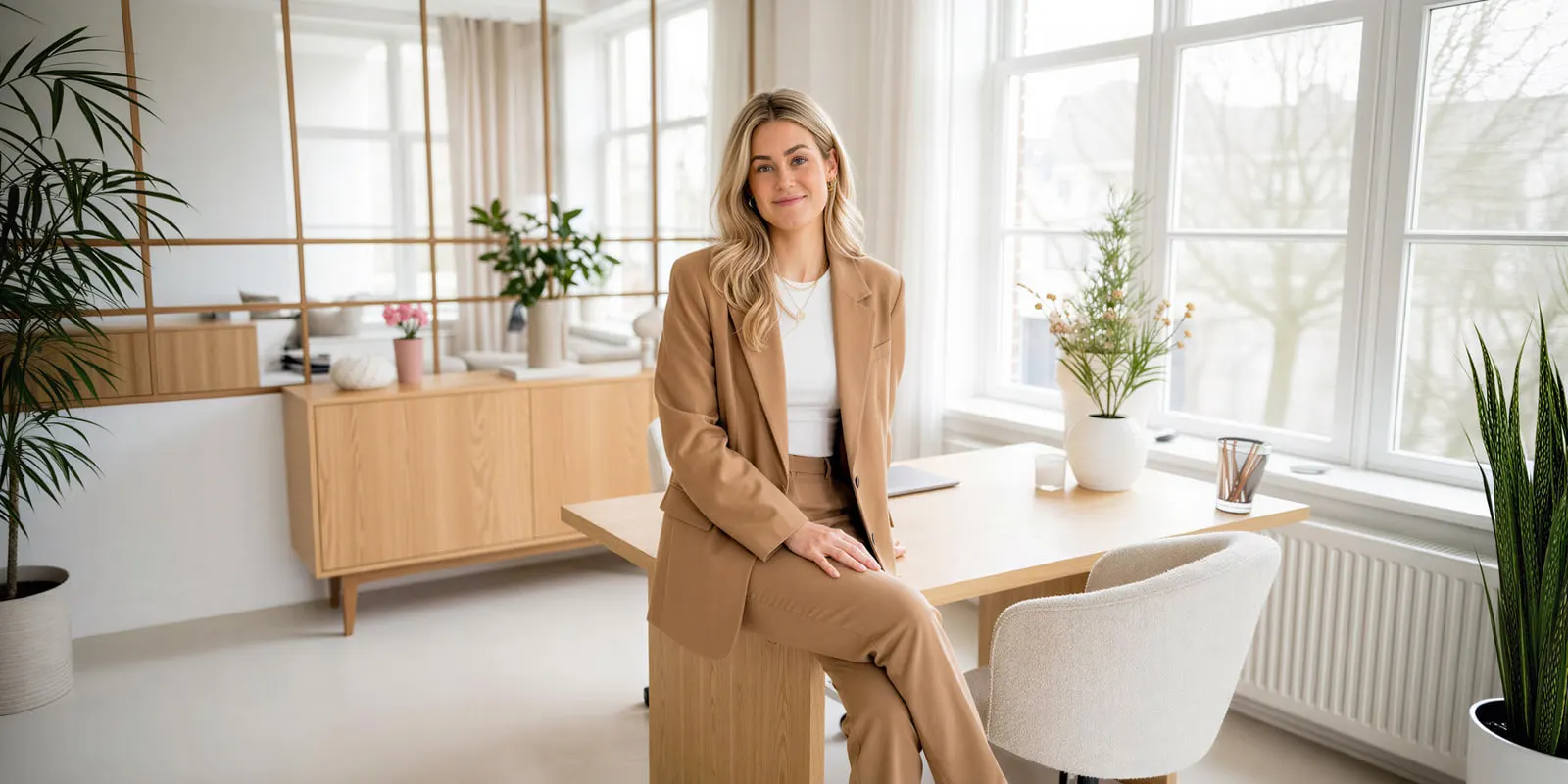 Woman in a beige suit sits on the edge of a desk in a bright office, where a small team records how each asset was made