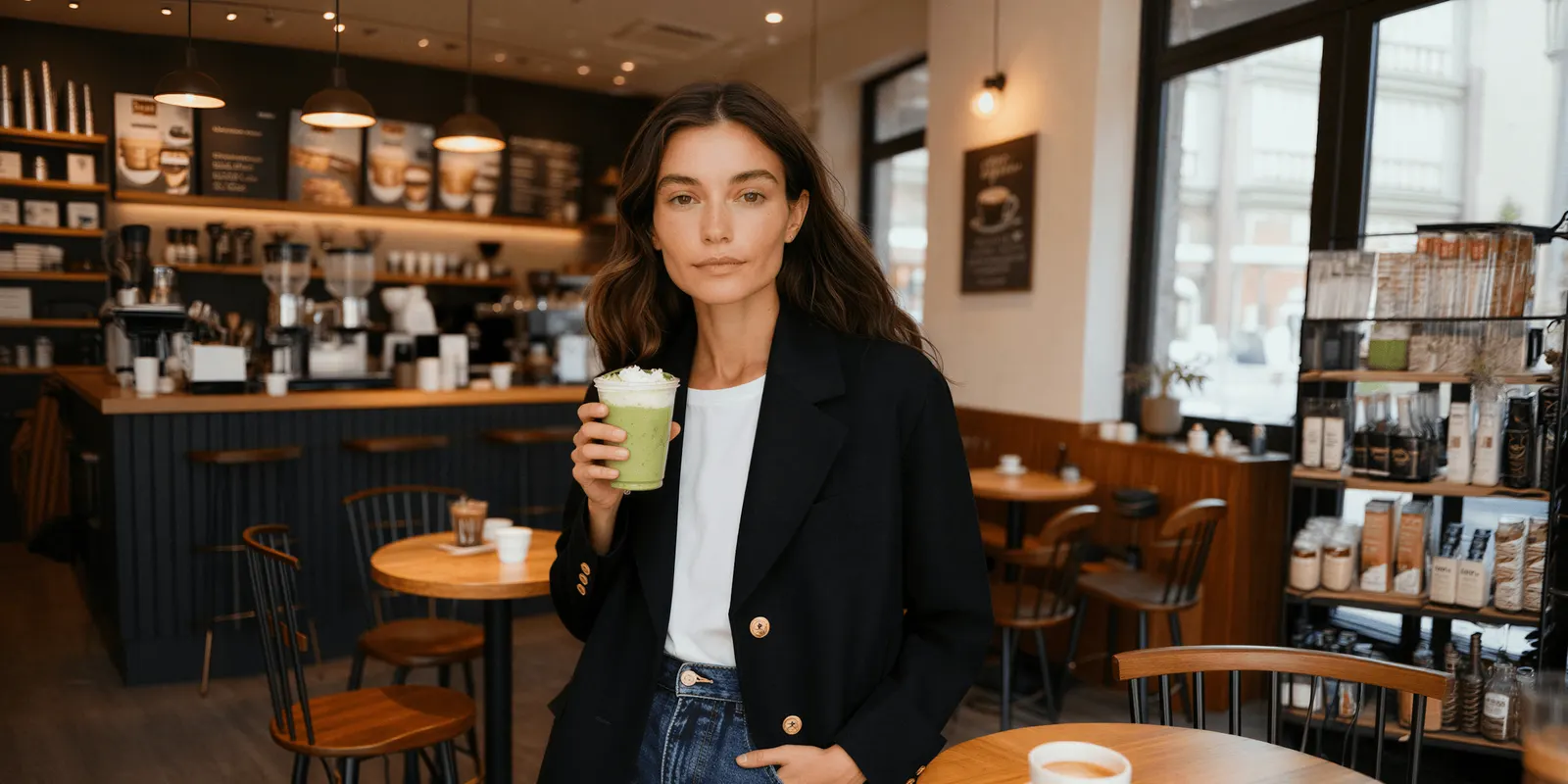 Woman in a black blazer holding a matcha drink in a coffee shop with shelves of stock, the kind of small business Pomelli is built for