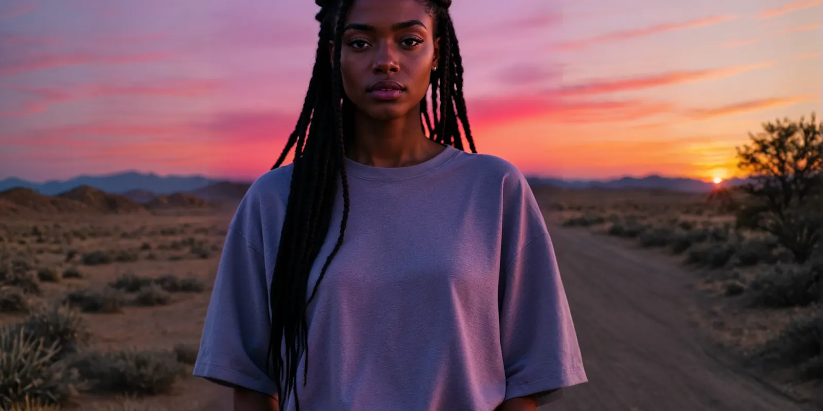 Woman in a grey tee at sunset, the pink sky casting a lilac tint over the fabric, the same color shift sand and pool light cause