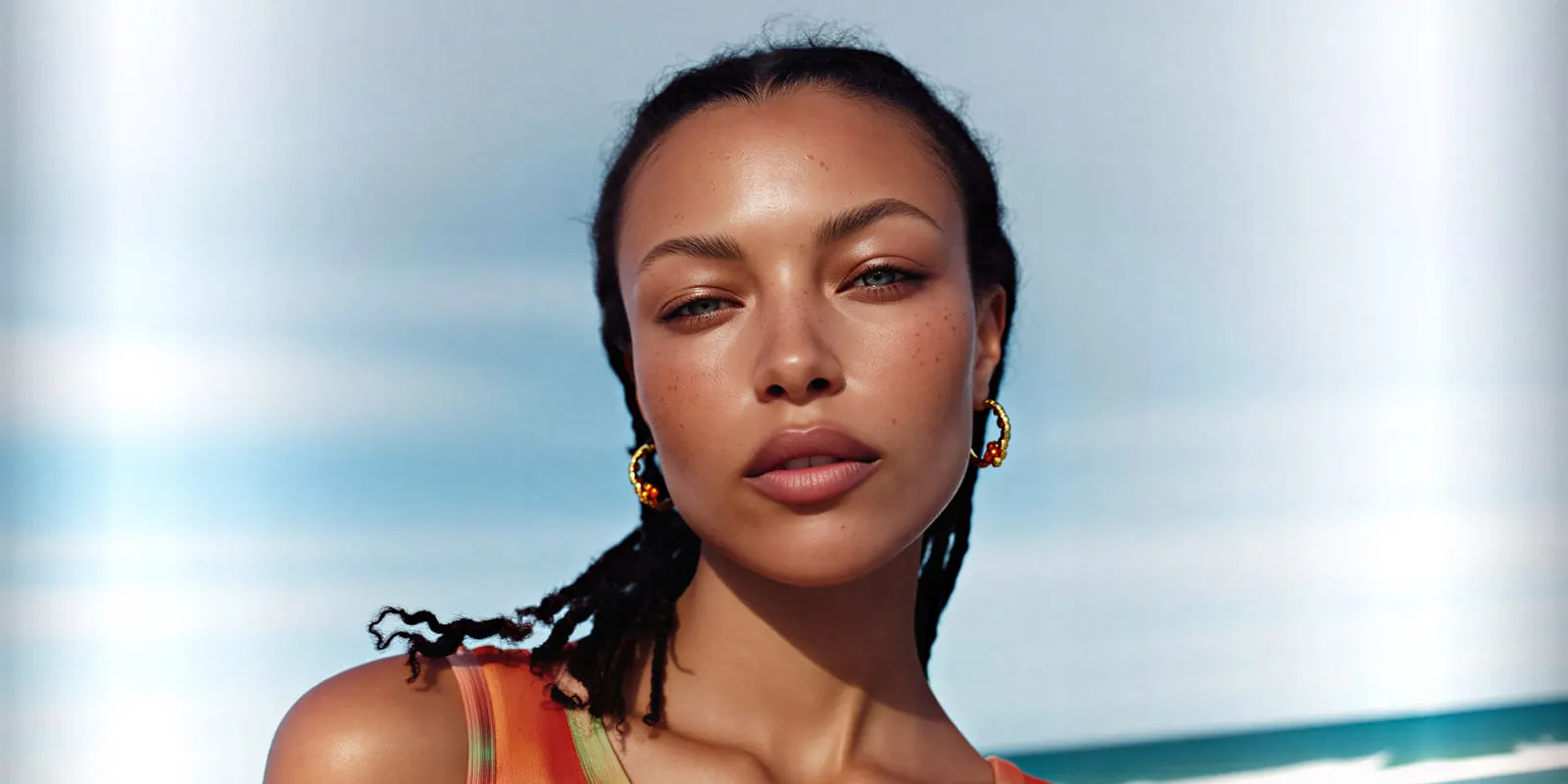 Woman with braids wearing gold hoop earrings against a blurred sea, a worn scene that can change while the piece stays true