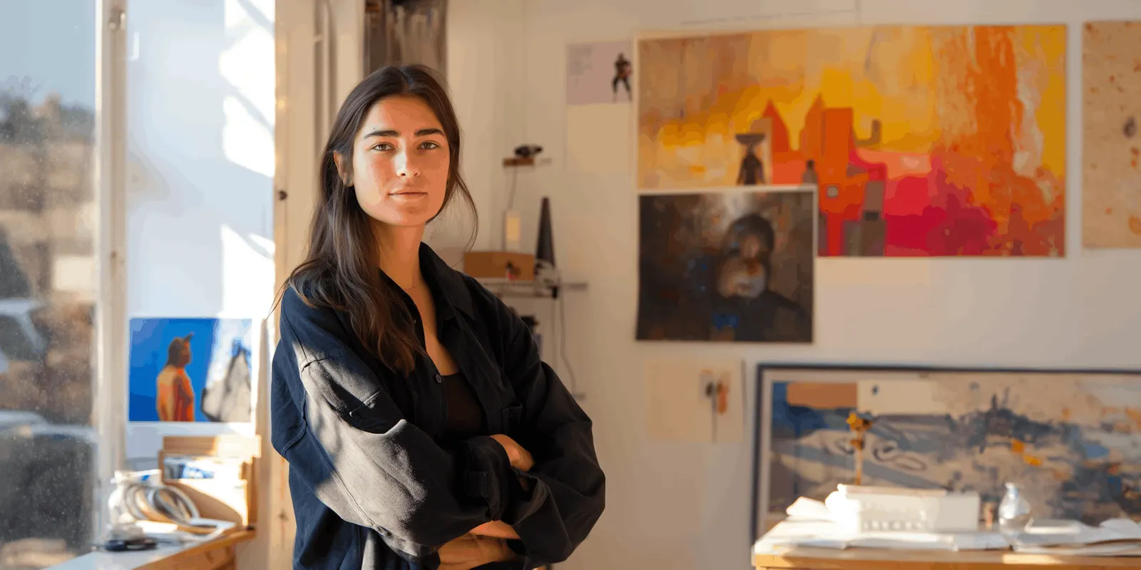 Woman in a black jacket stands in a sunlit studio hung with abstract paintings, the creative side where ad variants are made