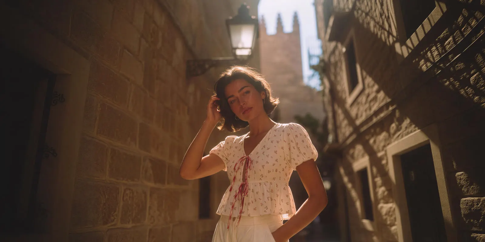Woman in a floral summer blouse on a narrow stone street at sunset, a look that reads as the wrong season south of the equator