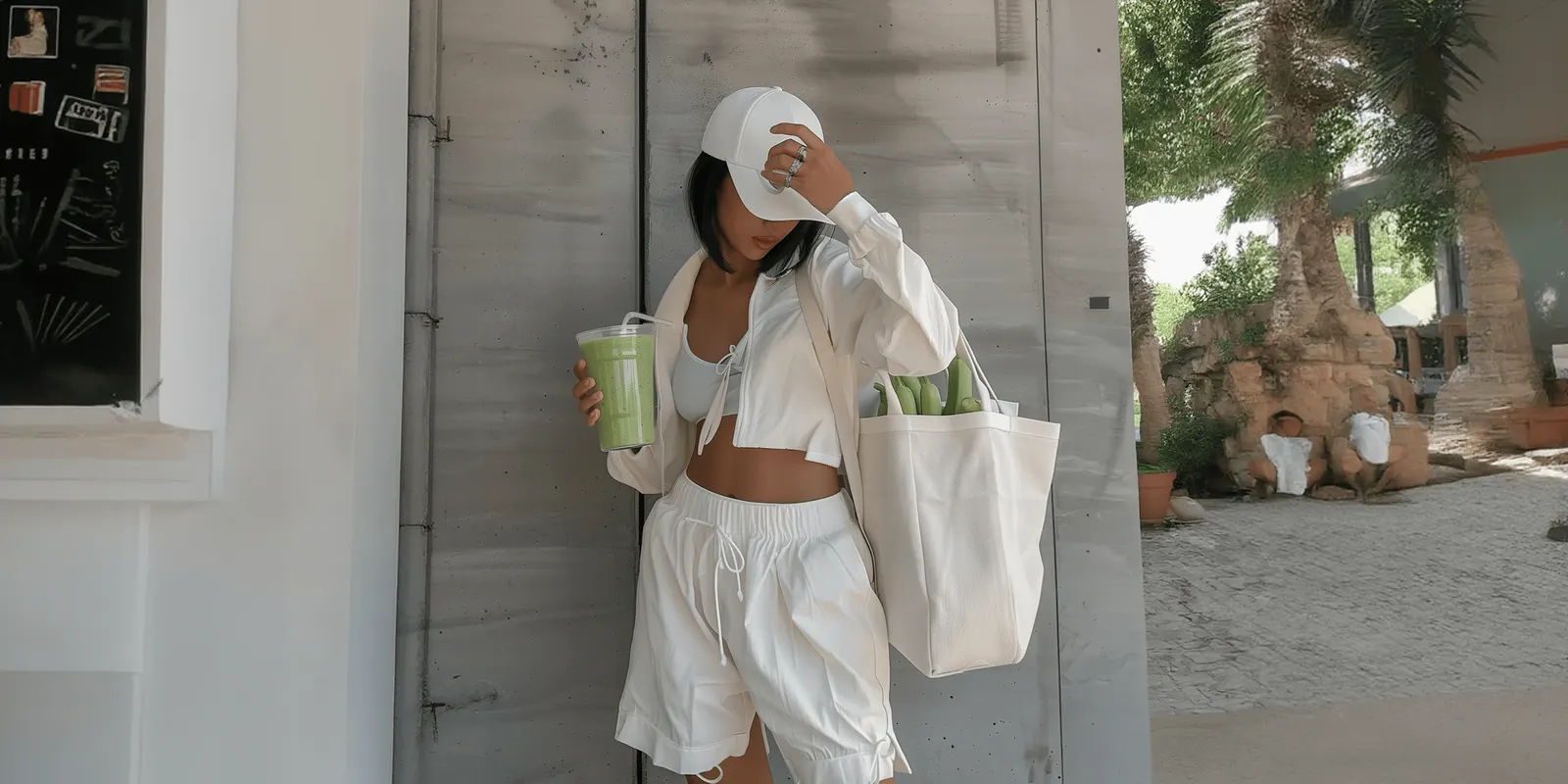A woman in white holds a green juice and a canvas tote bag of vegetables in a doorway, an in-use frame for a drink ad