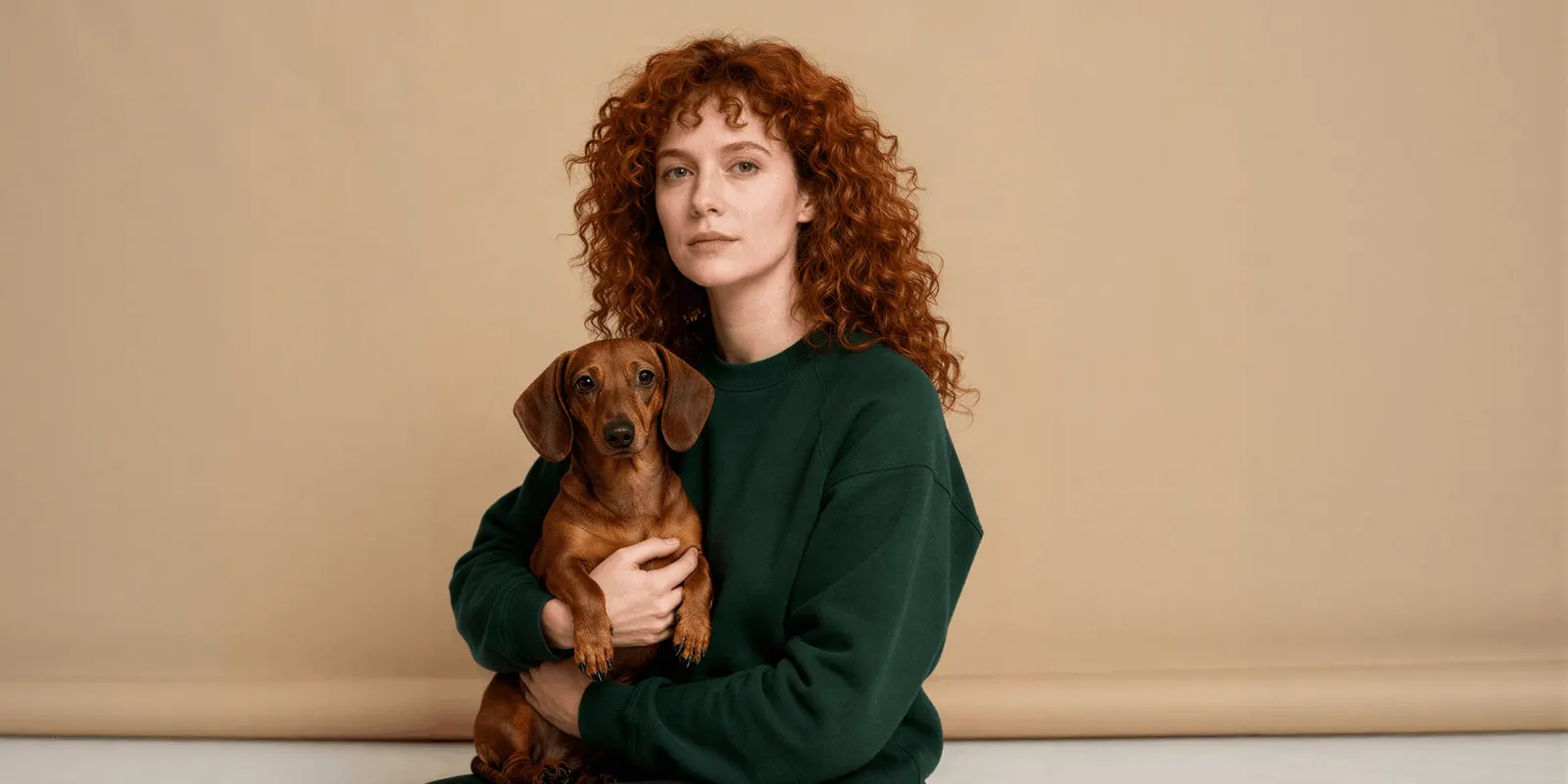 Woman with red curly hair holding a small dog on a beige backdrop, the kind of person to camera shot a demo format needs