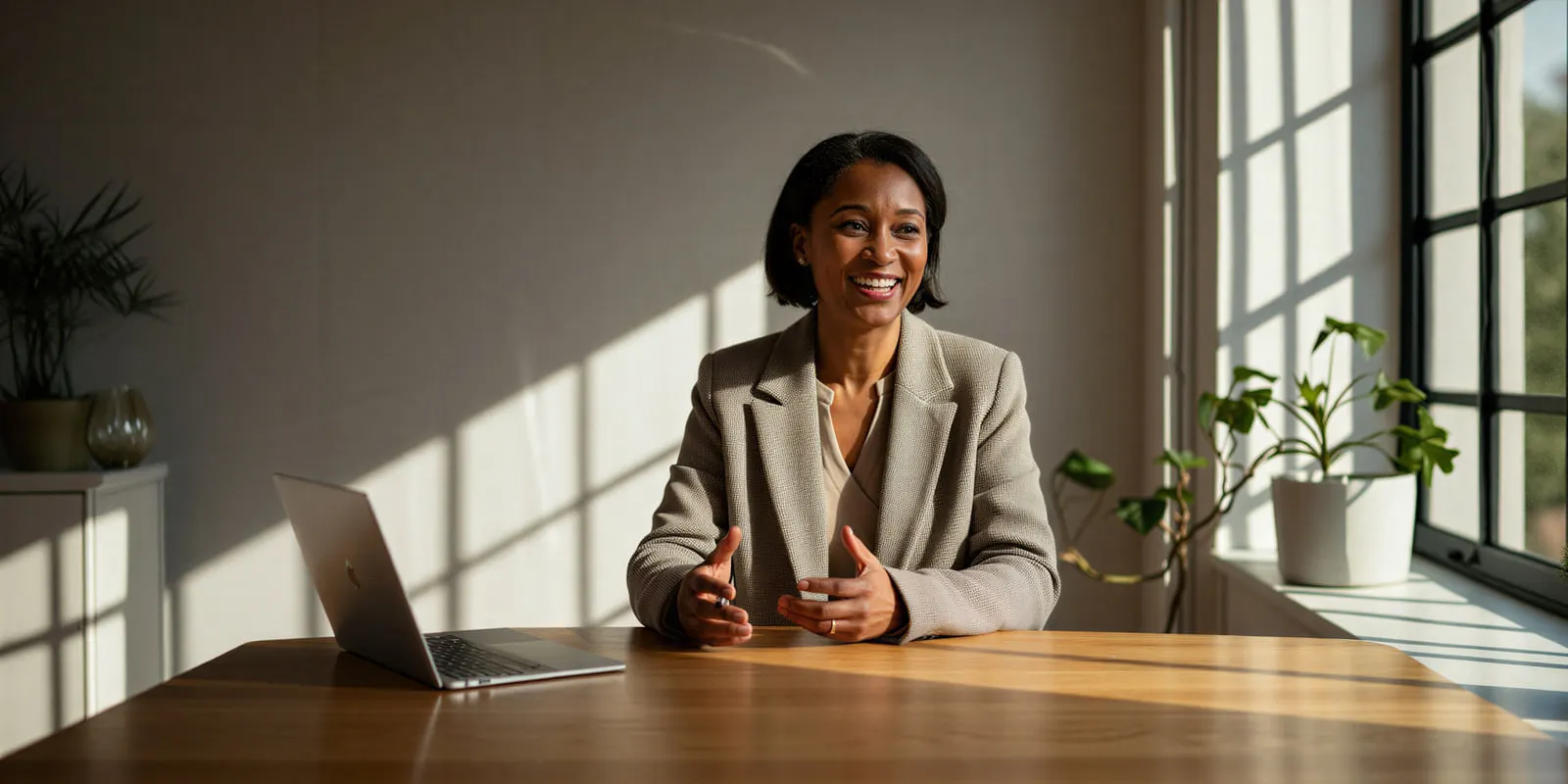 A woman in a light gray blazer smiles and gestures at a laptop on a wooden table in a sunlit office, a marketer showing what she built