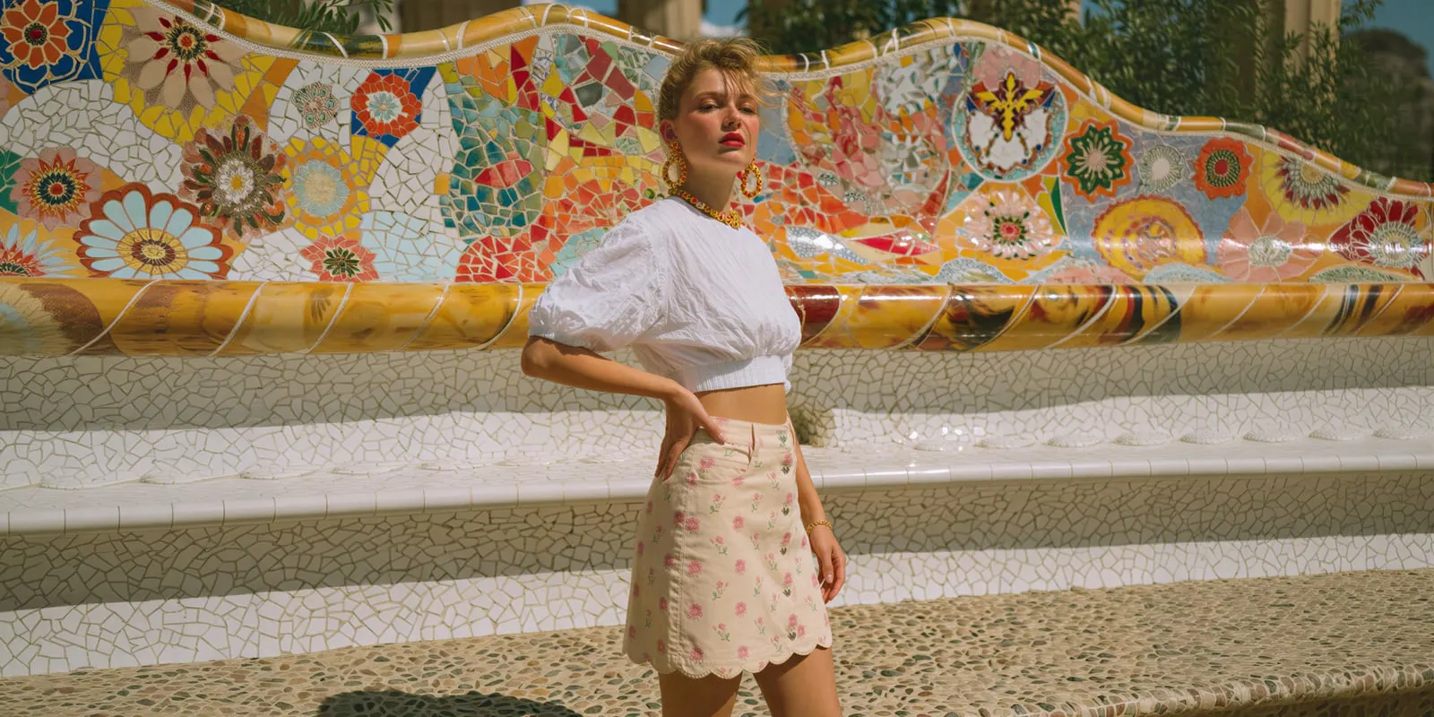 Woman in a white top wearing a short gold necklace at the base of the neck by a mosaic bench, a length that reads as a position on the body