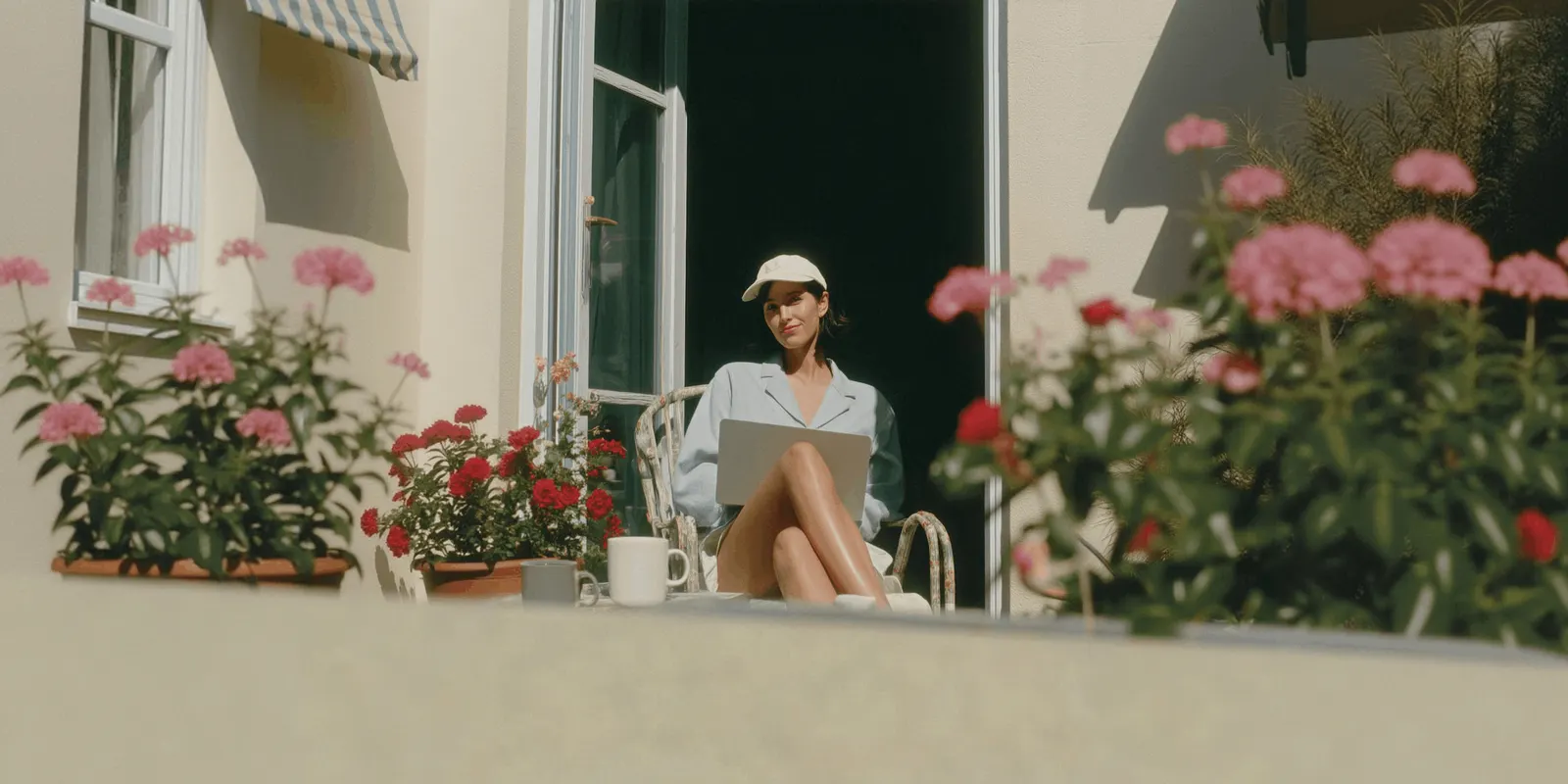 A founder in a cap works on a laptop on a sunny balcony between pink flower boxes, running her store on her own