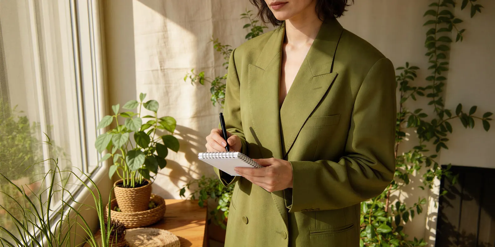 Woman in an olive blazer writing in a small notebook by a window, where you decide the week of posts before making any