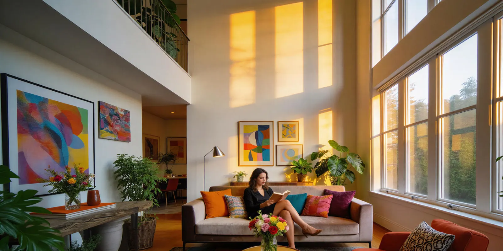 Woman reading on a sofa with bright cushions in a tall living room with abstract art, the kind of room set a furniture shoot day pays for