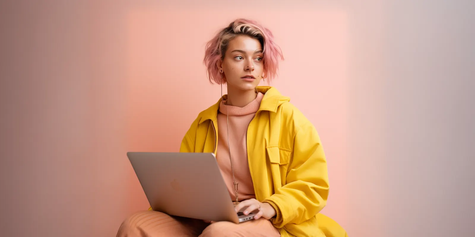 Woman with pink hair in a yellow jacket using a laptop against a pink backdrop, making several thumbnail options for one video