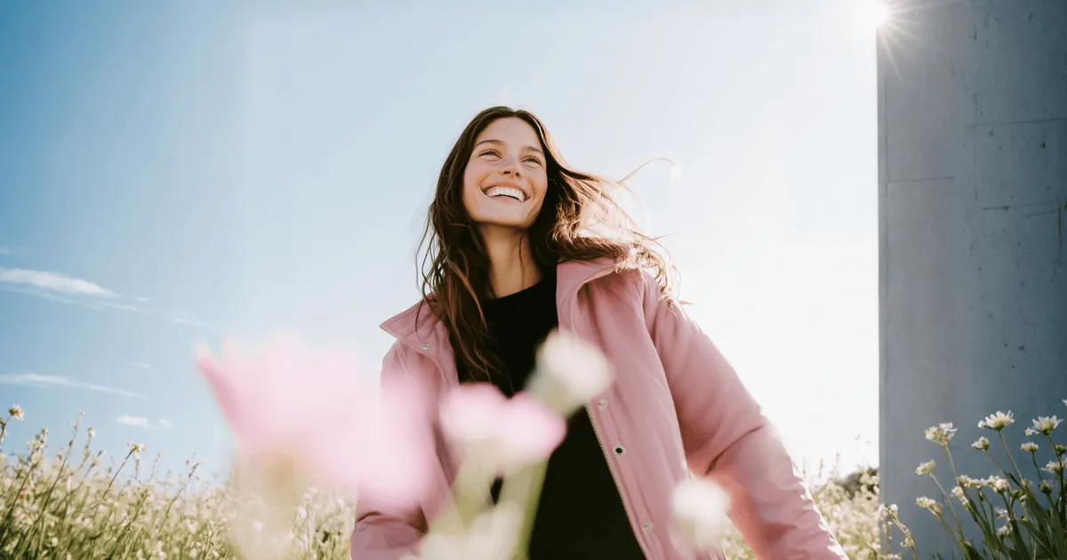 Woman in a pink jacket laughing outdoors among flowers, a lifestyle image that shows how a garment looks when worn