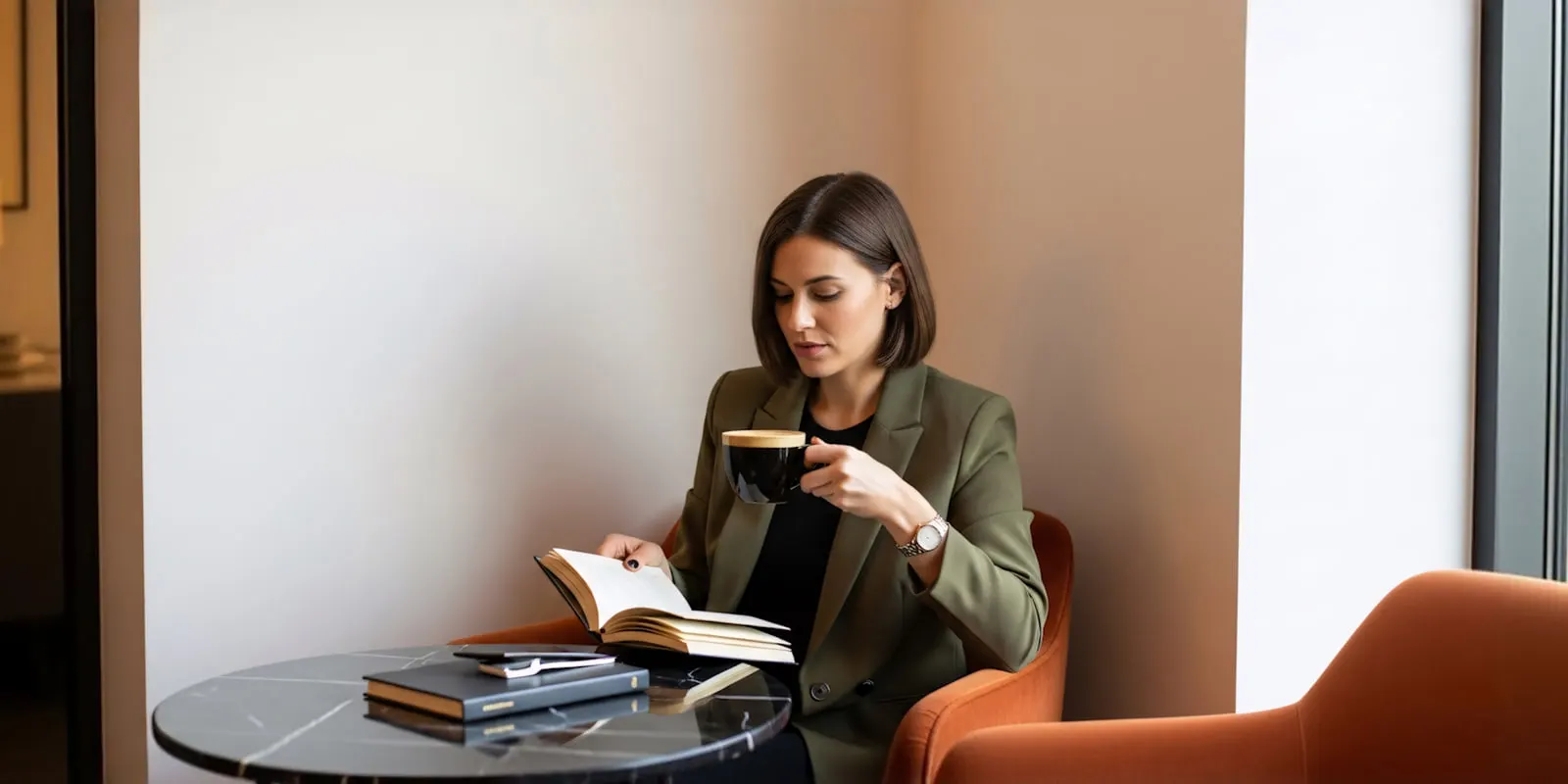 Woman in a green blazer reading an open book with a cup of coffee at a marble table, as when you read a statistic back to its source